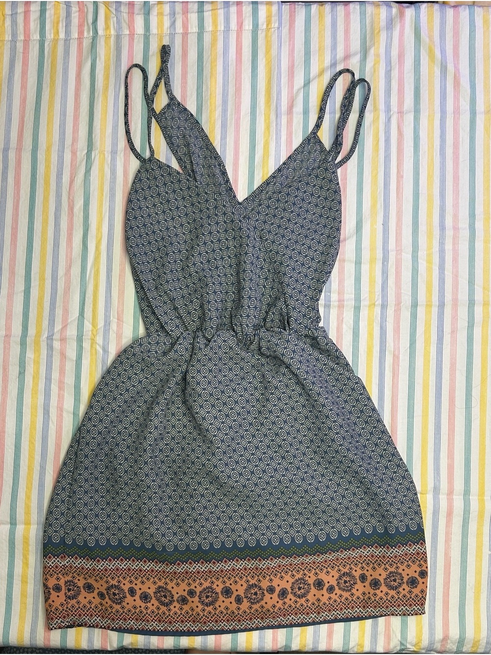 Blue Patterned Summer Dress with Border Trim